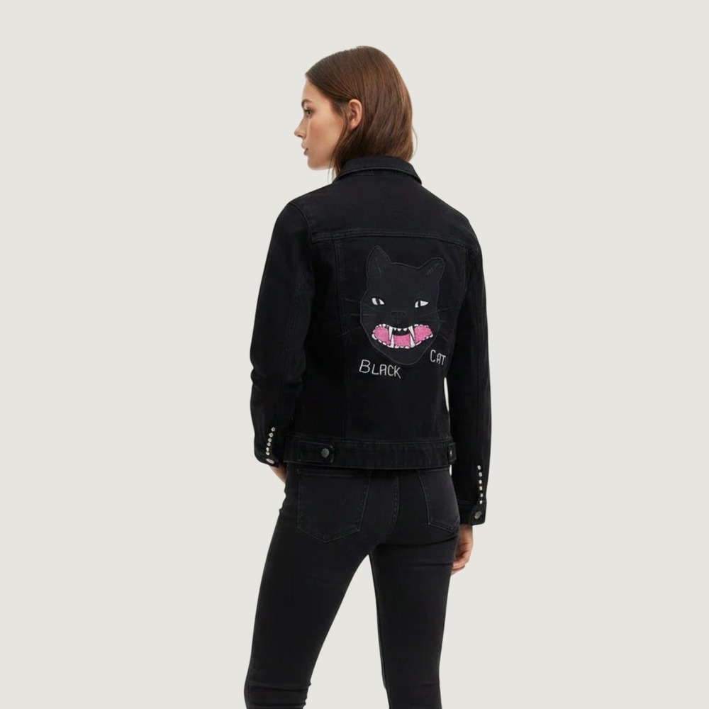 Zadig & Voltaire Kioko Cat Denim Jacket Womens Small Black Embroidered Studded